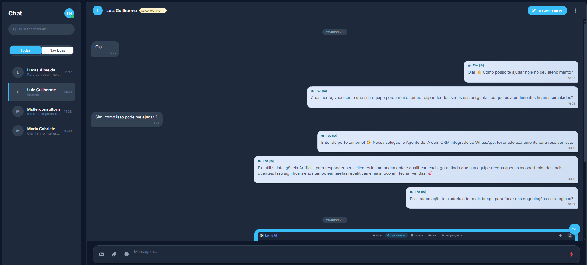 Chat e Atendimento multiagentes do LemeIA no WhatsApp